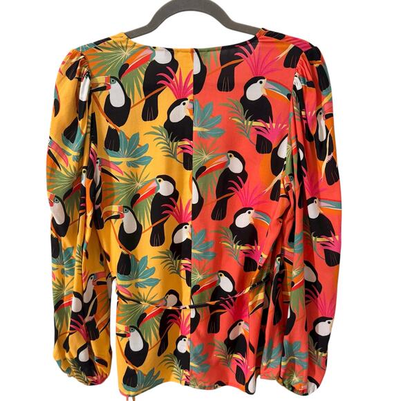 Farm Rio x Anthropologie Toucan Tropical Rainforest Wrap Blouse Size XS - Picture 9 of 15
